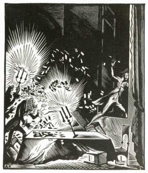 Die Flucht durch das Fenster. Holzstich; 8,5 x 7,3 cm. 1926, von Alexej Krawtschenko. Probedruck einer Illustration zu Aleksandr Čajanov (Alexander Tschajanow): Phantastische Erzählungen des Botanikers X.