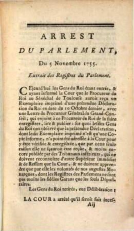 Arrests, Arrestés et remontrances du Parlement de Toulouse au sujet des entreprises du Grand-Conseil : du 19. Dec. 1755