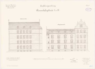 Garnison des Infanterie-Kasernements, Mannheim Mannschaftsgebäude: I und IV: Aufriss Straßenansicht, Seitenansicht 1:100