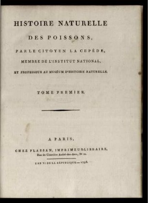 Tome 1 Text: Histoire naturelle des poissons. Tome 1