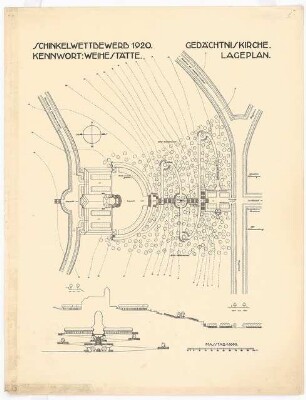 Gedächtniskirche mit Gedenkhalle Schinkelwettbewerb 1920: Lageplan und Geländeschnitte 1:1000