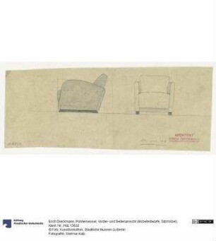 Polstersessel, Vorder- und Seitenansicht (Möbelentwürfe, Sitzmöbel)