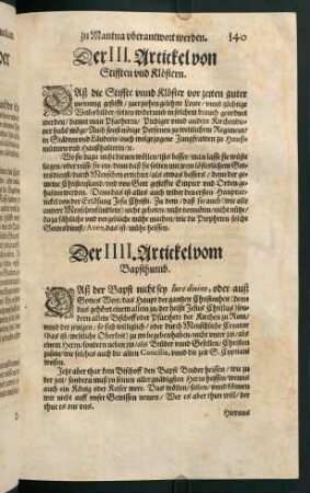 "Der III. Artickel von Stifften und Klöstern"