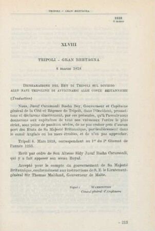 XLVIII Tripoli - Gran Bretagna 8 marzo 1818