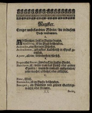 Register. Einiger unbekandten Wörter / die in diesem Buche vorkommen.