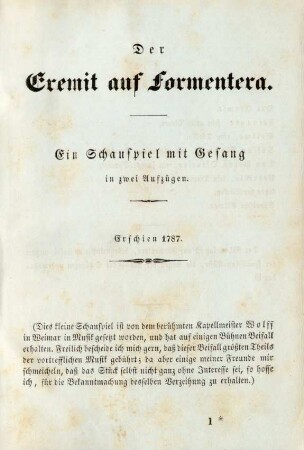 Der Eremit auf Formentera. Ein Schauspiel mit Gesang in zwei Aufzügen