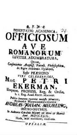 Diss. acad. officiosum ave Romanorum leviter adumbratura
