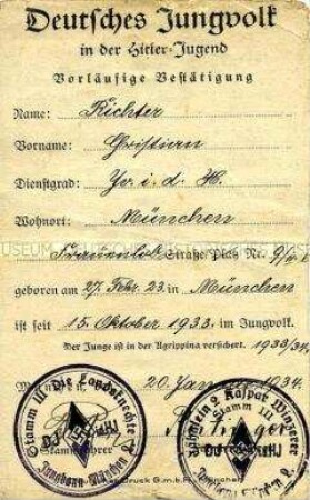 Vorläufige Bestätigung des Deutschen Jungvolkes in der HJ für Christian Richter