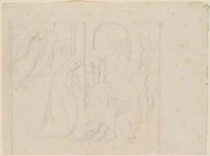 Entwurf zu einer Geburt Christi mit Maria und Joseph und zahlreichen Figuren im Hintergrund in einer Architektur (Anbetung)