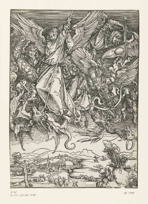 Michaels Kampf mit dem Drachen, Blatt 10 aus: Albrecht Dürer, Die heimlich offenbarung iohannis, Nürnberg 1498