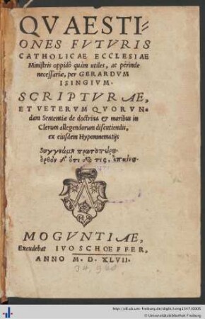 QVAESTIONES FVTVRIS CATHOLICAE ECCLESIAE