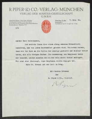 Brief von Reinhard Piper von R. Piper und Co.  an Olaf Gulbransson