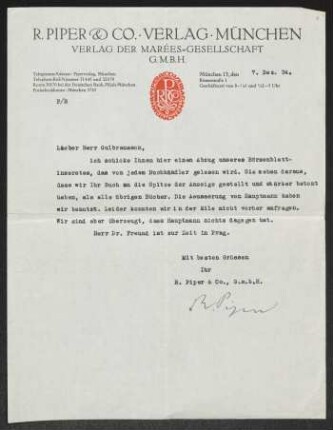 Brief von Reinhard Piper von R. Piper und Co. <München> an Olaf Gulbransson