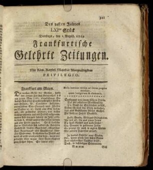 LXItes Stück Dienstags, den 1. August, 1769. - LXXtes Stück Freytags, den 1. September 1769.