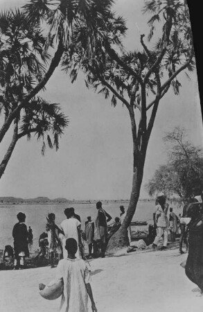 Strandszene : Menschen an einem Strand mit Palmen, möglicherweise in der Republik Kongo