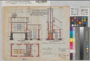 Förde (Lennestadt) Dynamitfabrik mit Bau einer Collodiumwoll-Trockenanlage für die Aktiengesellschaft Siegener Dynamitfabrik (Schnitte, Grundriß) 1885 1 : 40 34 x 41 kol. Zeichnung Regierung Arnsberg Nr. 1261