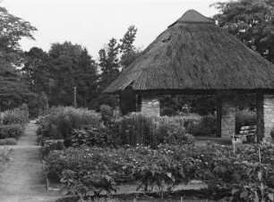 Dresden. Botanischer Garten, Schutzhaus : Dresden-Altstadt, Botanischer Garten. Schutzhaus mit Reetdach im Einjährigen-Quartier