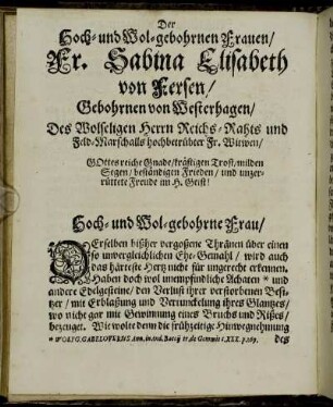 Der Hoch- und Wol-gebohrnen Frauen/ Fr. Sabina Elisabeth von Fersen/ Gebohrnen von Westerhagen/ [...]