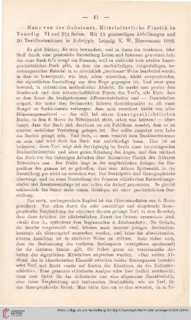 [Rezension von: Hans von der Gabelentz, Mittelalterliche Plastik in Venedig]