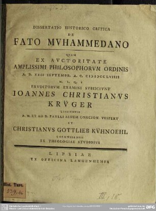 Dissertatio Historico Critica De Fato Muhammedano