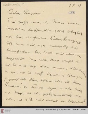 Nachlass Gustav Radbruch. Korrespondenz Hermann Kantorowicz/Gustav Radbruch: Brief von Hermann Kantorowicz an Gustav Radbruch