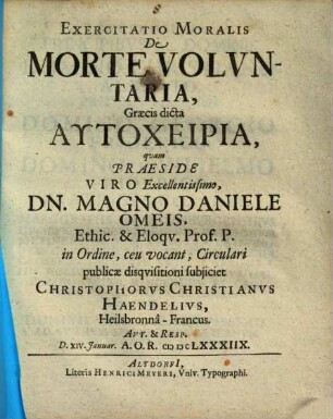 Exercitatio Moralis De Morte Voluntaria, Graecis dicta Autocheiria