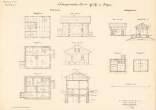Kanalisierung der Oder Schleuse, Rogau: Schleusenmeistergehöft: Ansichten, Grundrisse, Schnitt 1:100