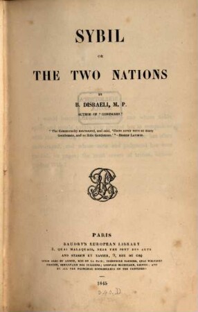 [Works]. 3. Sybil or the 2 Nations. - 1845.