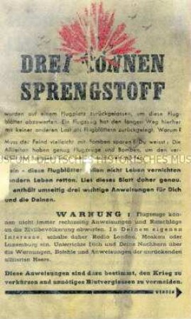 Abwurf-Flugblatt der Alliierten mit einer Warnung vor Luftangriffen und Verhaltensmaßregeln für die Zivilbevölkerung