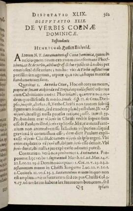 Disputatio XLIX. De Verbis Coenae Dominicae