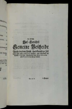 N. XVIII. Hof-Gerichts Gemeine Bescheide[...] - N. XIX. Taxa bey den Unter-Gerichten.