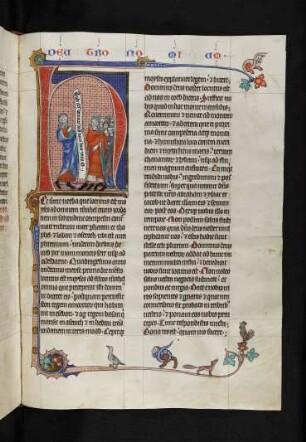 Deckfarbeninitiale H mit bewohnten Randausläufern, historisiert: Moses spricht zu den Juden