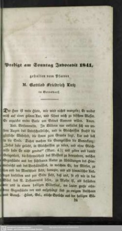 Predigt am Sonntag Invocavit 1841, gehalten