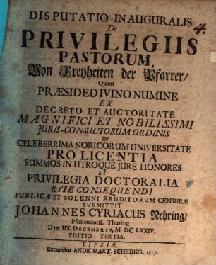 Disp. ... de privilegiis pastorum, von Fryheiten der Pfarrer