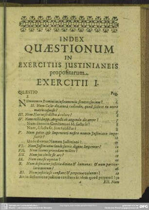 Index Quaestionum In Exercitiis Justinianeis propositarum