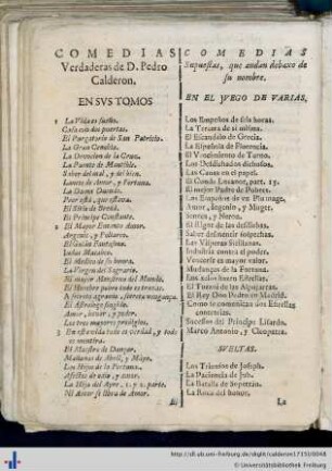 Comedias Verdaderas de D. Pedro Calderon.