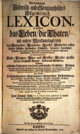 Neu-vermehrtes Historisch- und Geographisches Allgemeines Lexicon : in welchem das Leben, die Thaten, und andere Merckwürdigkeiten deren Patriarchen, Propheten, Apostel, Vätter der ersten Kirchen, Päbsten, Cardinälen, Bischöffen, Prälaten, vornehmer Gelehrten, und anderer sonst in denen Geschichten berühmter Männern und Künstlern, nebst denen so genannten Ketzern ; wie nicht weniger derer Kayser ... Kriegs-Helden und Ministern; Ingleichem ausführliche Nachrichten von denen ansehnlichsten Gräflichen, Adelichen und andern sonderlichen Andenckens-würdigen Familien, von Concilien, Mönchs- und Ritter-Orden, Heydnischen Göttern, auch allerhand wichtigen und zu vollkommenem Verständnus deren vornehmsten Historien zu wissen nöthigen Antiquitäten ... Dißmahlen von neuem mit Fleiß gantz übersehen, ..., 2. [D - I]