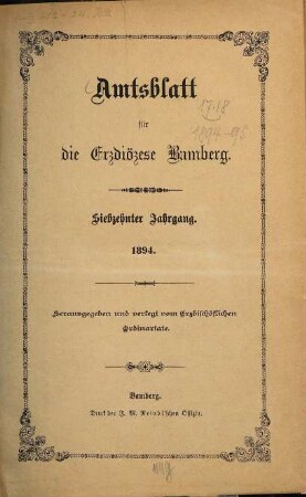 Amtsblatt für die Erzdiözese Bamberg : Amtsbl. des Erzbischöflichen Ordinariats Bamberg. 17. 1894
