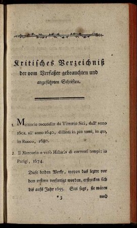 Kritisches Verzeichniß der vom Verfaßer gebrauchten und angeführten Schriften