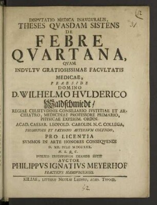Dispvtatio Medica Inavgvralis, Theses Qvasdam Sistens De Febre Qvartana