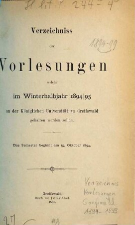 Verzeichnis der Vorlesungen der Universität zu Greifswald. 1894/95 WH (1894)