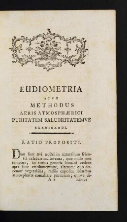 3-5, Eudiometria Sive Methodus Aeris Atmosphaerici Puritatem Salubritatemve Examinandi. Ratio Propositi.