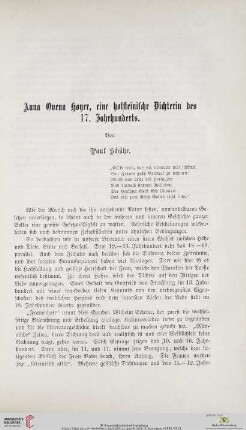 Anna Ovena Hoyer, eine holsteinische Dichterin des 17. Jahrhunderts