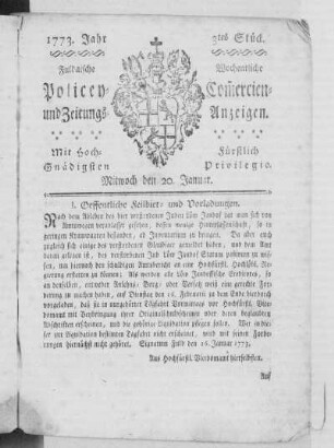 3 tes Stück, Ausgabe vom 20. Januar 1773