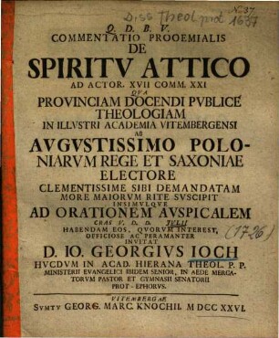 Commentatio Prooemialis De Spiritv [Spiritu] Attico Ad Actor. XVII Comm. XXI