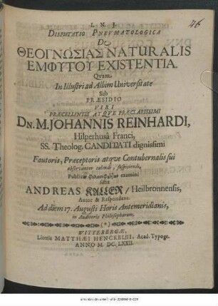 Disputatio Pneumatologica De Theognōsias Naturalis Emphytu Existentia
