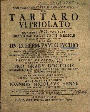 Dissertatio Inavgvralis Chemico-Medica De Tartaro Vitriolato