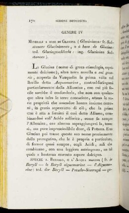 Genere IV. Minerali A Base Di Glucina (Gluciniana: fr. Substances Gluciniennes, o à base de Glucine: ted. Glucingeschlecht: ing. Glucinian Substances).