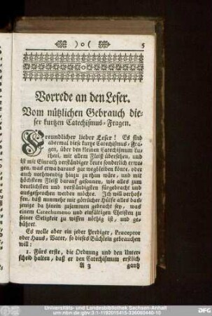 Vorrede an den Leser. Vom nützlichen Gebrauch dieser kurtzen Catechismus-Fragen.