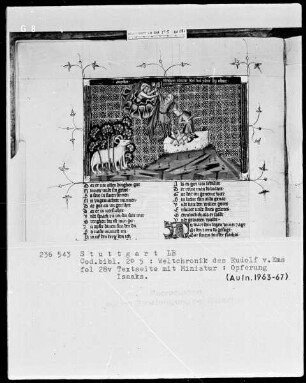 Weltchronik des Rudolf von Ems — Opferung Isaaks, Folio 28verso